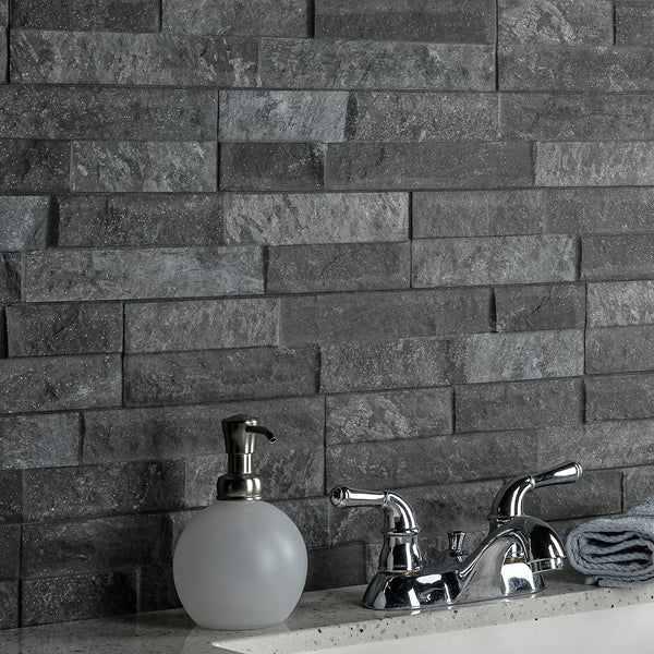 Merola Tile Ordino Black Porcelain Wall Tile 3.25 inch x 17.5 inch – 9.6 sq. ft. per Case Textured Stone Look Finish
