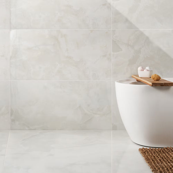 Ivy Hill Tile Jume Onyx White Porcelain Tile – 0.39 inch Thick, 24 inch x 48 inch, 15.49 sq.ft/Case – Polished Onyx Look Finish