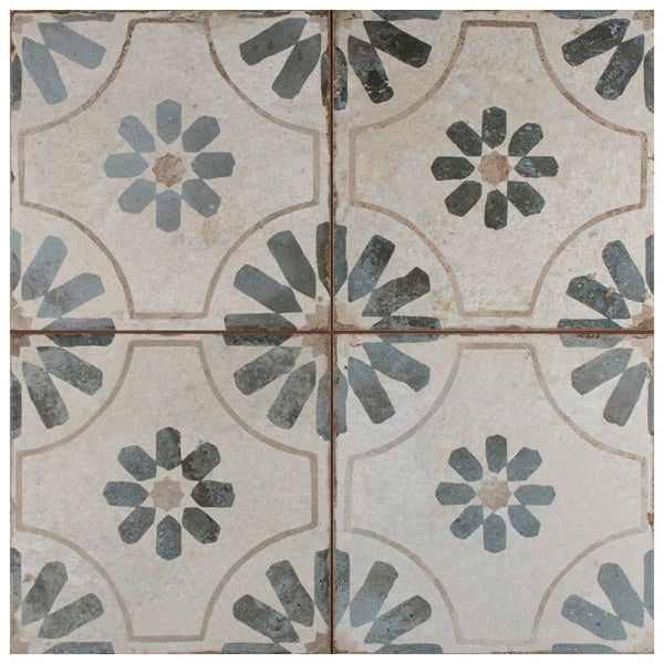 Merola Tile Kings Blume Encaustic Blue 9.63 inch x 9.63 inch Ceramic Floor and Wall Tile Sample – Vintage Patterned Matte Finish