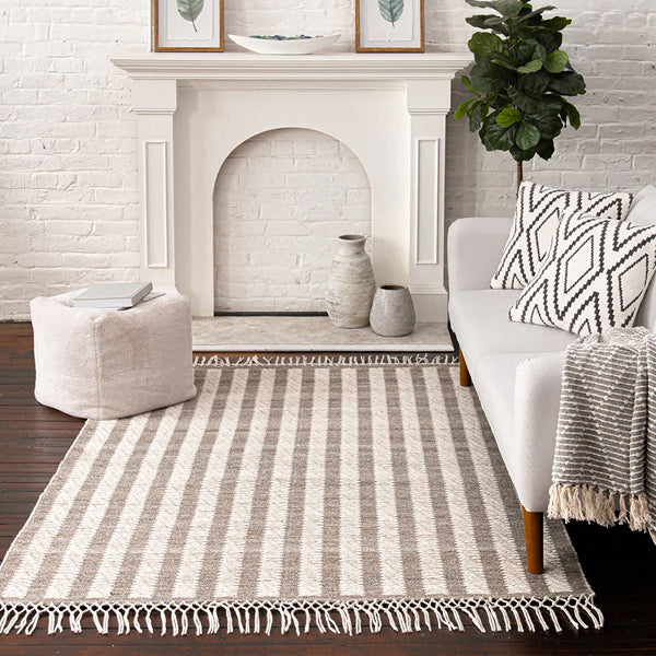 GlucksteinElements Everett Ivory/Taupe 6 ft. x 9 ft. Indoor Area Rug – Modern Wool Blend Rug with Fringe Detail