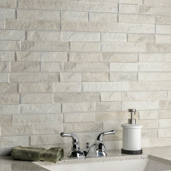 Merola Tile Ordino White Porcelain Tile 0.34 inch Thick 3.25 inch x 17.5 inch 9.6 sq. ft./Case Textured Stone Look Wall Tile