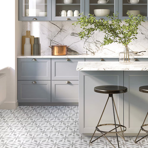 Merola Tile Llama Flower Loire Silver Smoke Porcelain Tile – 0.38 inch Thick, 8.63 inch x 9.88 inch, 11.5 sq.ft/Case – Mixed Texture Floral Finish