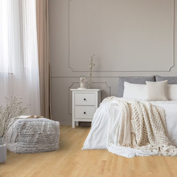 Natural Solid Maple hardwood flooring with matte finish and varying plank lengths








