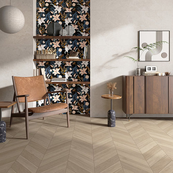Modamo Chevron Grey Wood Look Porcelain Tile 0.35 inch Thick 24 inch x 48 inch Large Format Matte