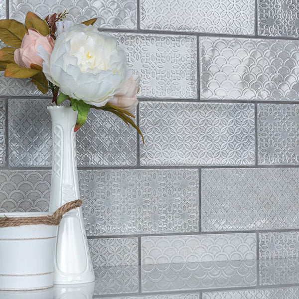 Merola Tile Camden Decor Grey 4 inch x 8 inch Ceramic Wall Tile 11.5 sq. ft./case – Glossy Patterned Subway Finish