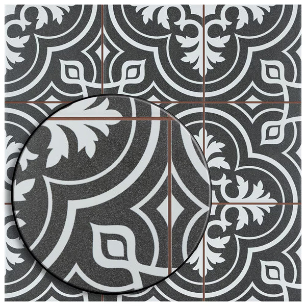 Merola Tile Harmonia Vintage Black 13 inch x 13 inch Ceramic Floor and Wall Tile – 12.19 sq. ft. per Case, Glazed Encaustic-Inspired Matte Finish