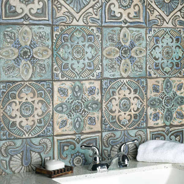 Merola Tile Mandala Decor Mix 7-7/8 inch x 7-7/8 inch Ceramic Wall Tile 11.29 sq. ft./case – Textured Pattern Finish