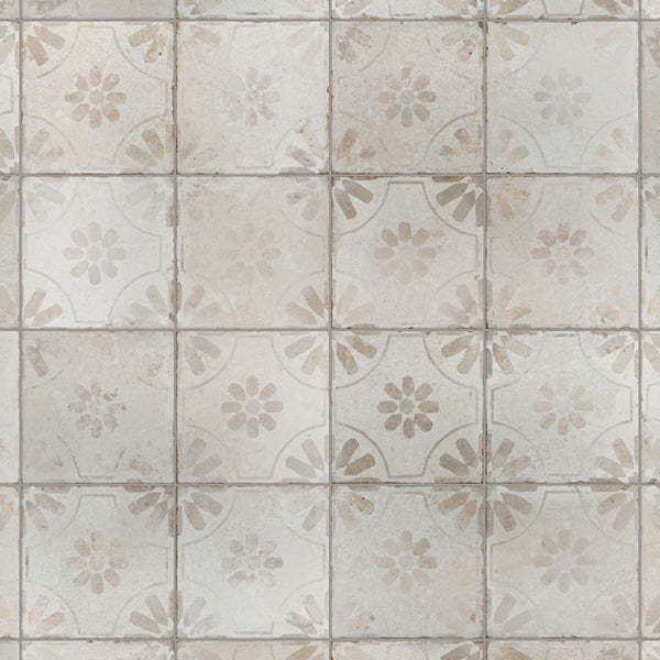 Merola Tile Kings Blume Encaustic White Ceramic Floor and Wall Tile 0.39 inch Thick 17.63 inch Wide 10.95 sq ft/case Matte Textured Finish
