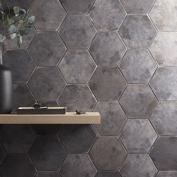 Ivy Hill Tile Mandalay Hex Antracite Porcelain Tile – 0.35 inch Thick, 9.13 inch x 10.51 inch, 8.07 sq.ft/Case – Polished Hexagon Finish