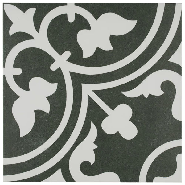 Merola Tile Arte Black Porcelain Floor and Wall Tile 9.75 inch x 9.75 inch 10.88 sq. ft./Case Satin Encaustic Look Square Tile