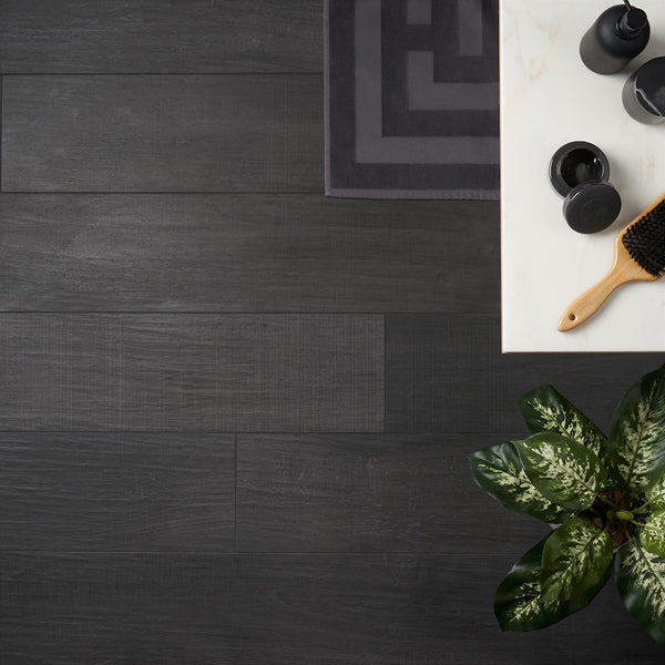 Ivy Hill Tile Montgomery Black Porcelain Tile 0.39 inch Thick 8 inch x 48 inch 15.49 sq ft/case Matte Wood Look