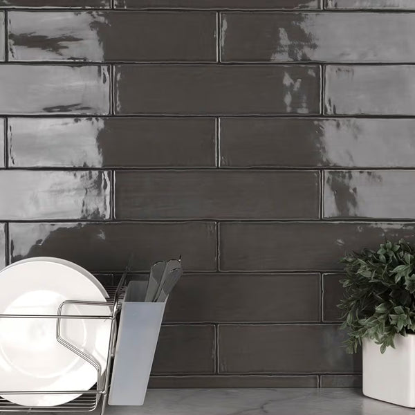 Merola Tile Chester Grafito Ceramic Wall Tile 0.38 inch Thick 3 inch Wide 5.72 sq ft/case Glossy Subway Finish