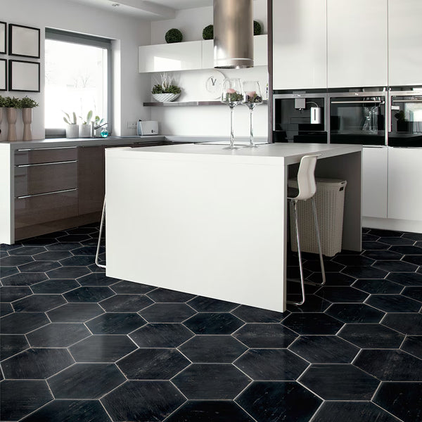 Merola Tile Retro Hex Nero Porcelain Tile 14.13 inch x 16.25 inch – 11.05 sq. ft. per Case Matte Wood Look Finish
