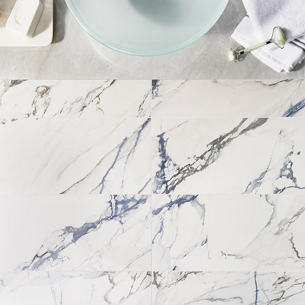 Ivy Hill Tile Calacatta Indigo Polished Porcelain Tile 12 inch x 24 inch 11.62 sq. ft./Case Marble Look Glossy Floor and Wall Tile