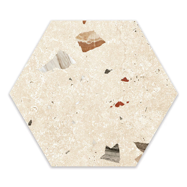Modamo Barreta Terrazzo Matte Beige Hexagon Porcelain Floor & Wall Tile 0.39 inch Thick x 8.5 inch Wide – 11.19 sq. ft./Case, Matte Finish