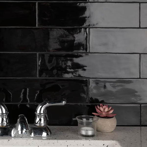 Merola Tile Chester Nero Ceramic Wall Tile 0.35 inch Thick 3 inch Wide 5.72 sq ft/case Glossy Subway Finish