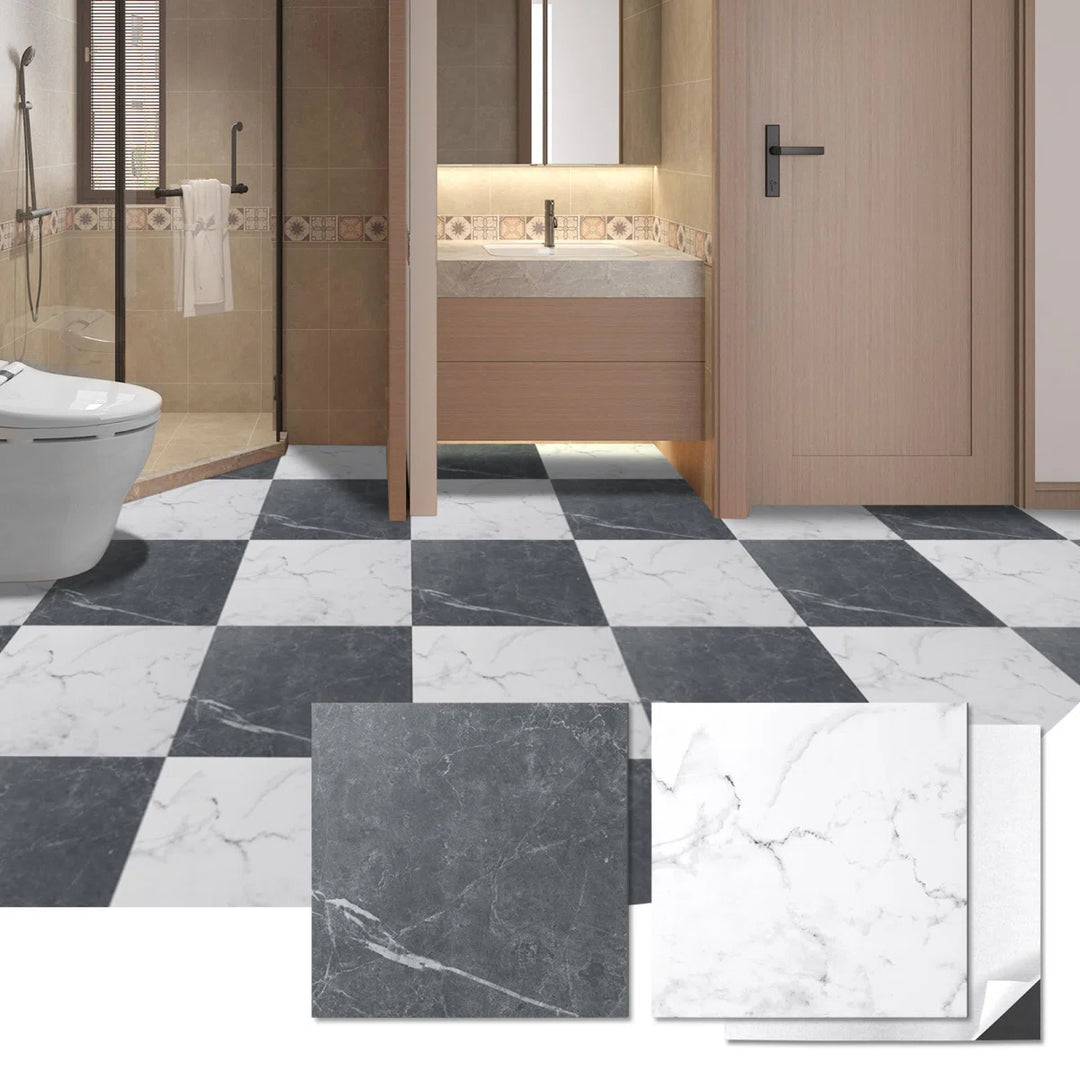 12'' x 12'' Peel and Stick Vinyl Floor Tiles, Black & White Marble (15 Tiles per Color)