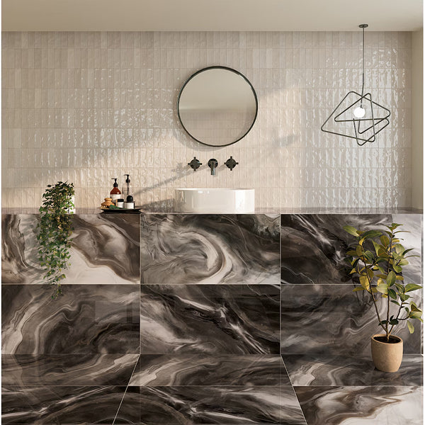 Modamo Ocean Grey Polished Porcelain Tile 24 inch x 48 inch – 15.49 sq. ft. per Case Marble Look Large Format Floor & Wall Tile