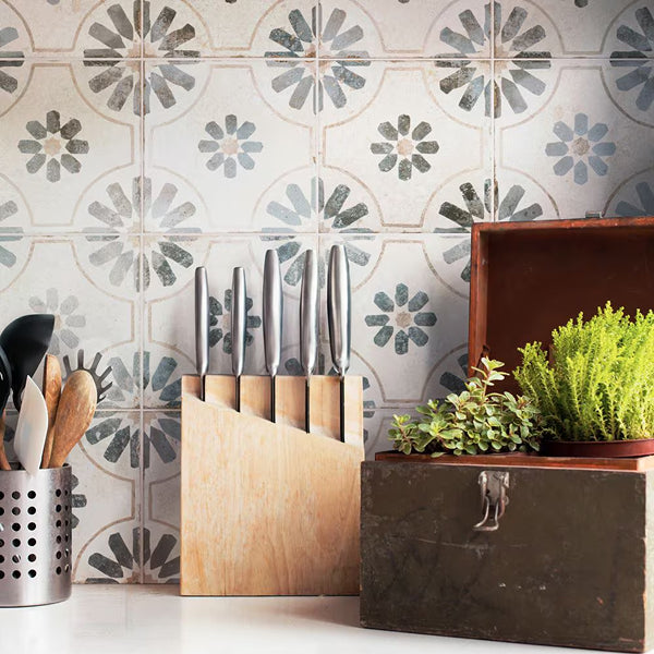 Merola Tile Kings Blume Encaustic Blue 17.63 inch x 17.63 inch Ceramic Floor and Wall Tile (10.95 sq. ft./case)
