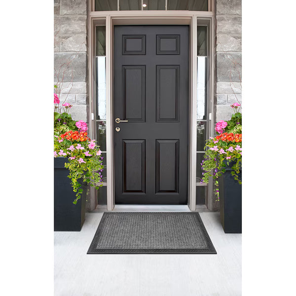 StepGuard 24 inch x 35 inch Grey Rectangular Polyester Doormat with Tribal Rubber Border – Non-Slip Indoor Outdoor Entrance Mat