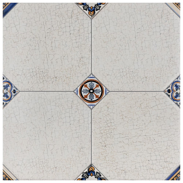 Merola Tile Manises Decor Blanco 13-1/8 inch x 13-1/8 inch Porcelain Floor and Wall Tile – 10.98 sq. ft. per Case, Glazed Marble Look Patterned Tile