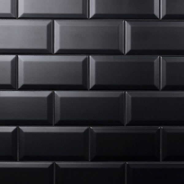 Merola Tile Crown Heights Beveled Matte Black 3 inch x 6 inch Ceramic Wall Tile – 5.72 sq. ft. per Case, Slightly Textured Matte Finish