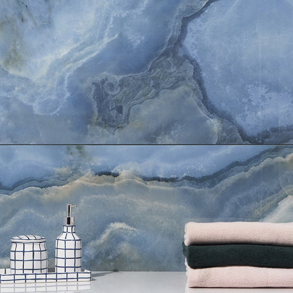 Ivy Hill Tile Jume Onyx Blue Porcelain Tile – 0.39 inch Thick, 24 inch x 48 inch, 15.49 sq.ft/Case – Polished Onyx Look Finish