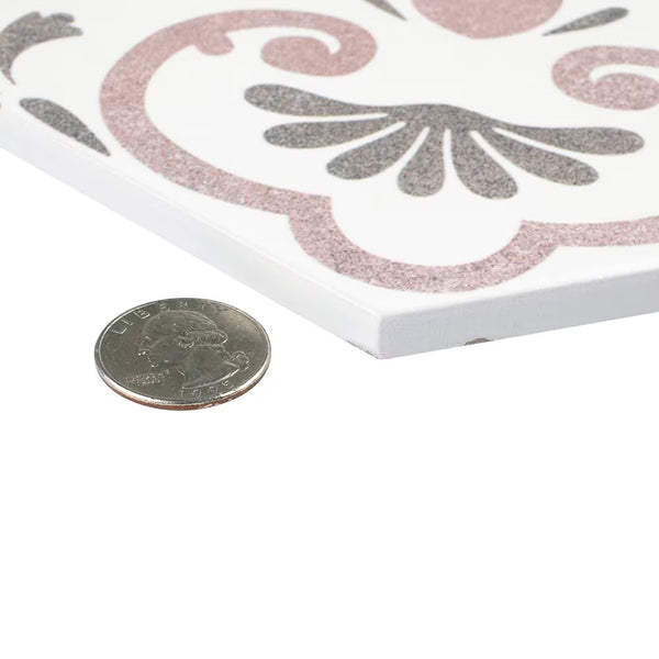 Merola Fantasy Hex Pink Porcelain Tile 0.38 inch Thick 8.63 inch x 9.88 inch 11.5 sq. ft./case Satin Textured Hexagon