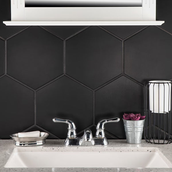 Merola Tile Textile Basic Hex Black Porcelain Tile 8.63 inch x 9.88 inch – 11.5 sq. ft. per Case Glossy Stone-Look Finish