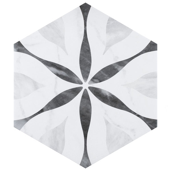 Merola Tile Classico Bardiglio Hex Flower Porcelain Tile 0.34 inch Thick x 7 inch Wide – 7.5 sq. ft. Coverage – Marble Look Hexagon Finish