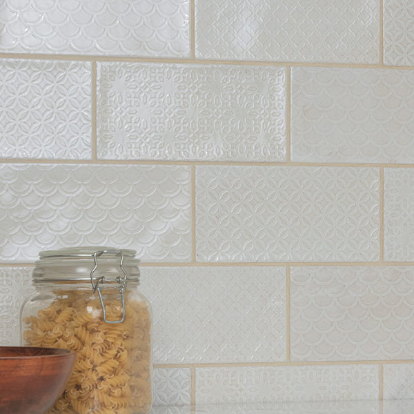 Merola Tile Camden Decor Antique Bianco Ceramic Wall Tile 4 inch Width 8 inch Length 11.5 sq ft/case Glossy Subway Pattern Finish