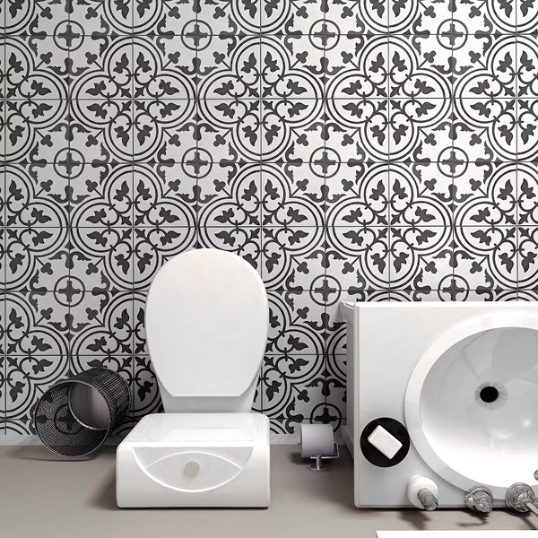 Merola Tile Arte Grey Porcelain Floor & Wall Tile 0.4 inch Thick x 9.75 inch Wide White Square – 10.88 sq. ft./Case, Glazed Satin Finish