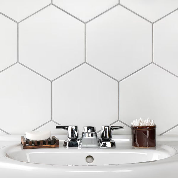 Merola Tile Textile Basic Hex White Porcelain Tile 8.63 inch x 9.88 inch – 11.5 sq. ft. per Case Glossy Stone-Look Finish