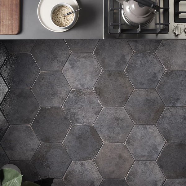 Ivy Hill Tile Mandalay Hex Antracite Porcelain Tile – 0.35 inch Thick, 9.13 inch x 10.51 inch, 8.07 sq.ft/Case – Polished Hexagon Finish