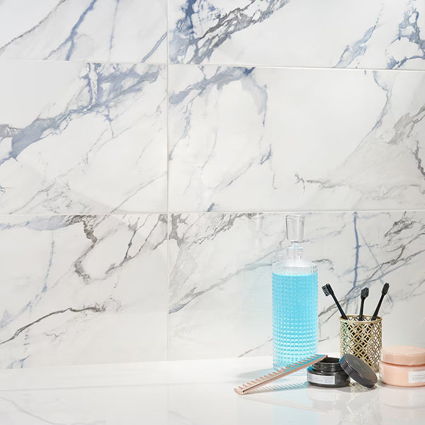 Ivy Hill Tile Calacatta Indigo Polished Porcelain Tile 12 inch x 24 inch 11.62 sq. ft./Case Marble Look Glossy Floor and Wall Tile