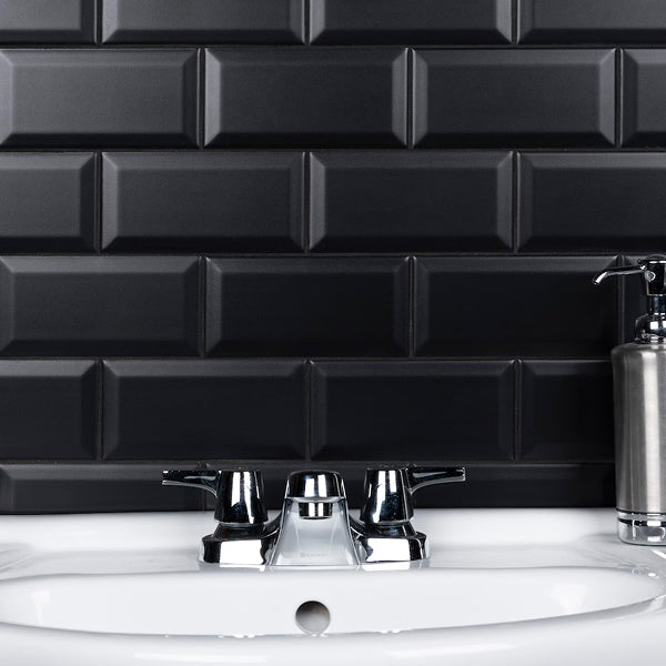 Merola Tile Crown Heights Beveled Matte Black 3 inch x 6 inch Ceramic Wall Tile – 5.72 sq. ft. per Case, Slightly Textured Matte Finish