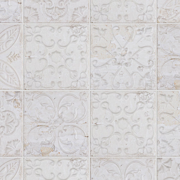 Merola Tile Aevum Ornato White 7.88 inch x 7.88 inch Ceramic Wall Tile – 9.24 sq ft per Case, Textured Cement Look Decorative Wall Tile