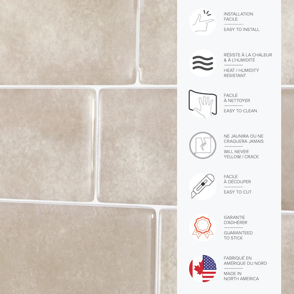Smart Tiles Peel and Stick Backsplash Metro Cologne Tiles, Ceramic Look, 11.56in x 8.38in, Beige, 4-Pack