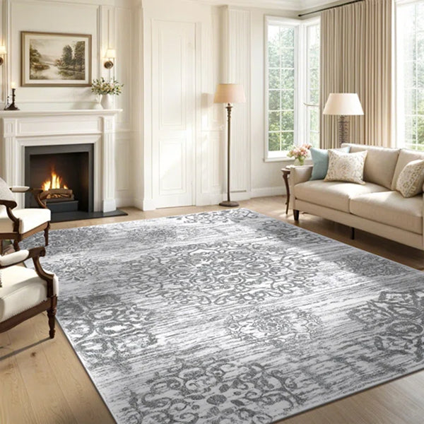 Polyester Machine Washable Oriental Light Grey Area Rug