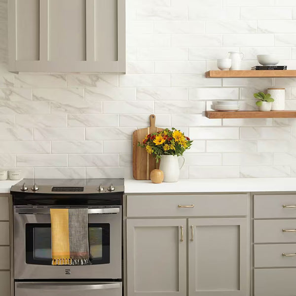 Daltile Selwyn Bianco Calacatta Glossy Glazed Ceramic Wall Tile 4 inch x 16 inch 0.38 inch Thick 13.2 sq ft/case