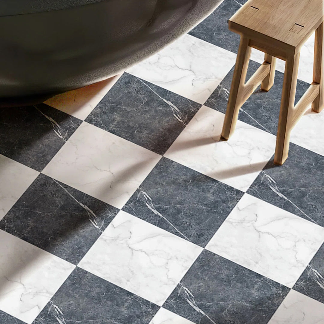 12'' x 12'' Peel and Stick Vinyl Floor Tiles, Black & White Marble (15 Tiles per Color)