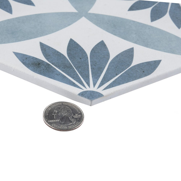 Merola Coco Hex Camellia Blue Porcelain Tile 0.35 inch Thick 7 inch x 8 inch 7.5 sq. ft./case Matte Hexagon Design