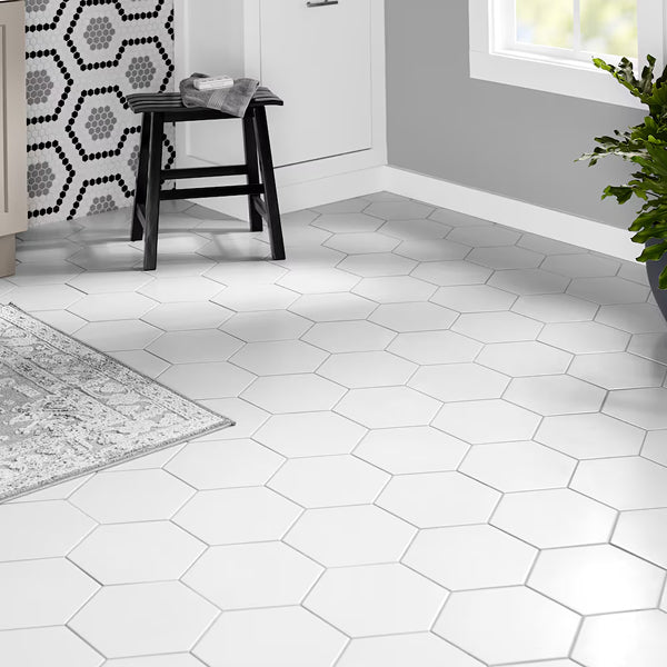 Merola Tile Textile Basic Hex White Porcelain Tile 8.63 inch x 9.88 inch – 11.5 sq. ft. per Case Glossy Stone-Look Finish