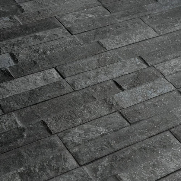 Merola Tile Ordino Black Porcelain Wall Tile 3.25 inch x 17.5 inch – 9.6 sq. ft. per Case Textured Stone Look Finish