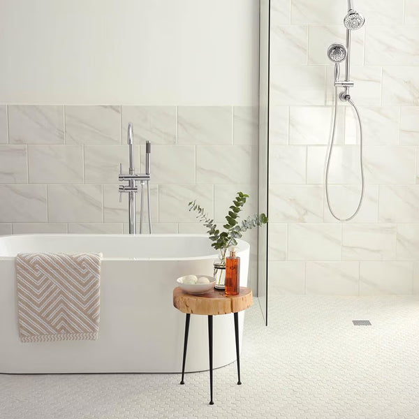Dal Tile Selwyn Bianco Calacatta Glossy Glazed Ceramic Wall Tile 0.38 inch Thick 10 inch W 14.25 sq ft/case