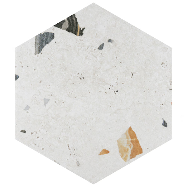 Merola Tile Sonar Hex White 8.63 inch x 9.88 inch Porcelain Floor and Wall Tile 11.5 sq ft per Case Terrazzo Look