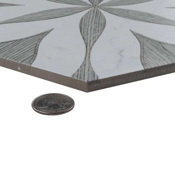 Merola Tile Llama Flower Loire Silver Smoke Porcelain Tile – 0.38 inch Thick, 8.63 inch x 9.88 inch, 11.5 sq.ft/Case – Mixed Texture Floral Finish