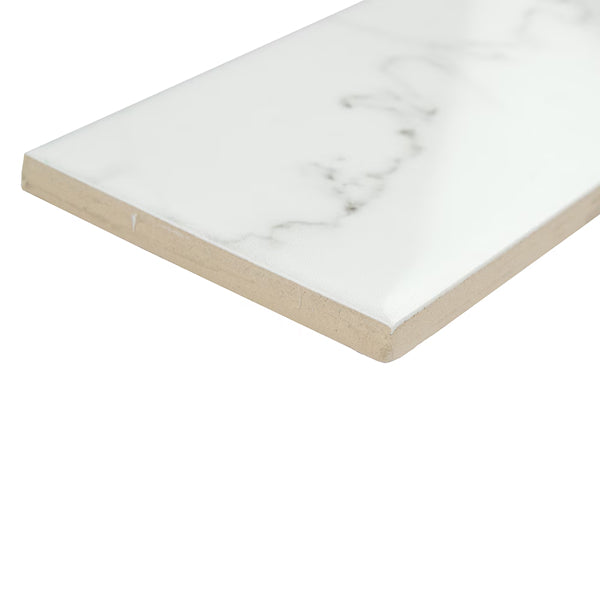 Merola Tile Classico Carrara Glossy Ceramic Subway Wall Tile 0.34 inch Thick 3 inch Wide 6.03 sq. ft. per Case – Marble Look High Sheen Finish