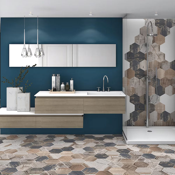 Merola Tile Gaugin Hex Catan Shadow Porcelain Floor and Wall Tile 8.5 inch x 9.75 inch x 0.39 inch – 11.28 sq. ft./Case, Matte Wood Look Hexagon Finish
