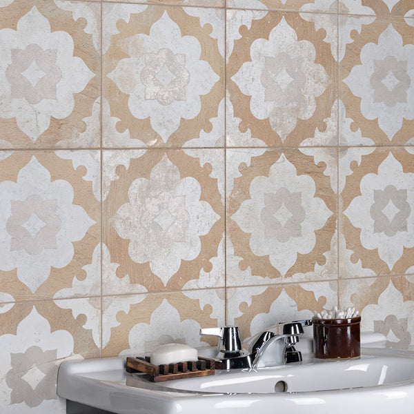 Merola Tile Kings Clay Blossom 17.63 inch x 17.63 inch Ceramic Floor and Wall Tile 10.95 sq ft/case – Vintage Pattern Matte Finish